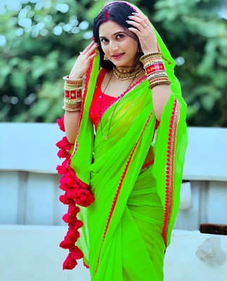 KAKADIYA CREATION Solid/Plain Bollywood Chiffon Saree(Light Green)