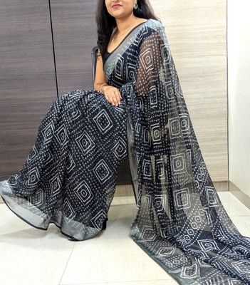 TRUORIGIN Geometric Print Bandhani Chiffon Saree(Black, White)
