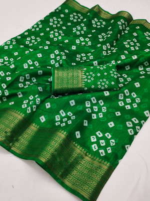 Bandhanivilla Printed Bandhani Cotton Blend Saree(Green)