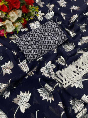 PIYA DESIGNER Geometric Print Lucknow Chikankari Georgette Saree(Dark Blue)