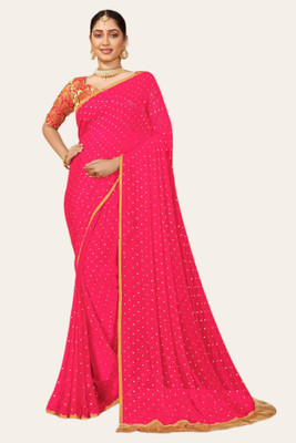 Desi Style Embellished Bollywood Net, Chiffon Saree(Pink)