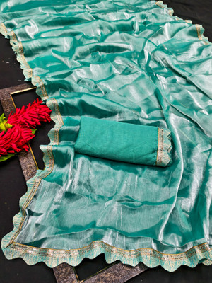 Kanooda Prints Solid/Plain Bollywood Jimmy choo Saree(Blue)