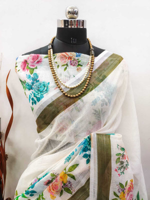 Mervadiya Self Design Bollywood Cotton Linen, Linen Saree(White)