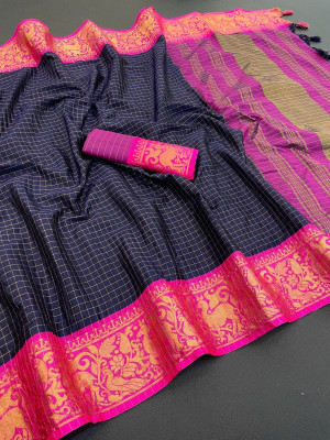 A To Z Cart Checkered Bollywood Jacquard Saree(Dark Blue)