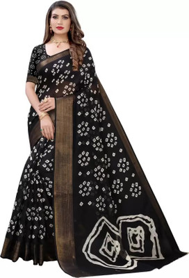 Grubstaker Printed Daily Wear Linen Saree(Black)