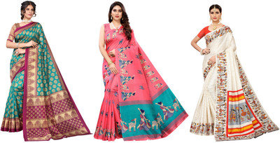 ANIRAV Printed Bhagalpuri Art Silk Saree(Pack of 3, Blue, Pink, Cream)
