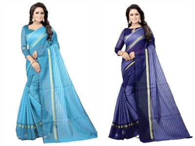 Suntex Striped Bollywood Cotton Silk Saree(Pack of 2, Dark Blue, Light Blue)