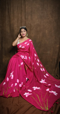 HouseOfCommon Hand Painted Bollywood Cotton Blend Saree(Pink)