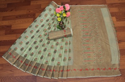 nikchi hub Woven Banarasi Cotton Silk Saree(Light Green)