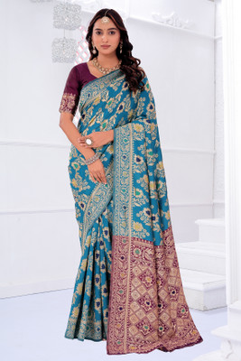 Samai Printed Banarasi Pure Silk Saree(Light Blue, Multicolor)