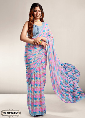 Pranjal Printed Daily Wear Georgette Saree(Light Blue, Pink)