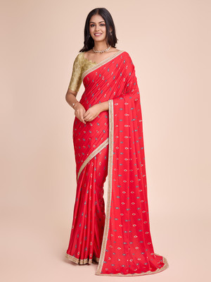 TRESPINO Printed Bollywood Lycra Blend Saree(Red)