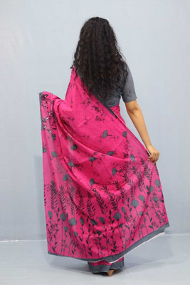 Sanganeri Print Printed, Color Block, Blocked Printed, Floral Print, Dyed Daily Wear Pure Cotton Saree(Pink)