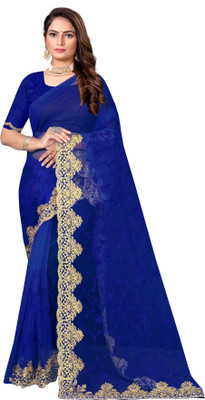 CLARAFASHION Embroidered Bollywood Net Saree(Dark Blue)