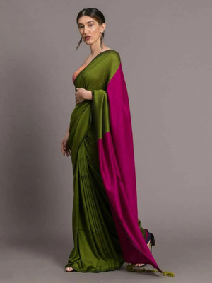 Pal Saree Senter Solid/Plain Bollywood Khadi, Pure Cotton Saree(Green, Pink)