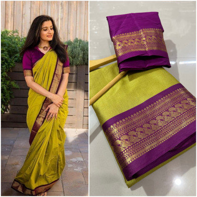 FashionZonee Embellished Banarasi Cotton Silk Saree(Purple)