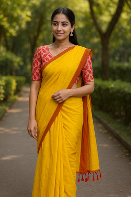 SMRITI BOUTIQUE Solid/Plain Handloom Handloom Pure Cotton Saree(Yellow)
