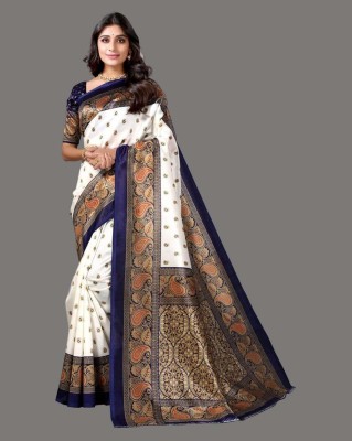 Pisara Printed, Geometric Print, Graphic Print, Animal Print, Digital Print Bollywood Art Silk Saree(White, Dark Blue)