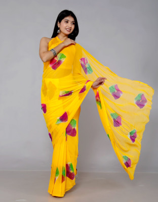 HouseOfCommon Printed, Self Design, Temple Border, Solid/Plain, Woven Bandhani Chiffon Saree(Yellow)