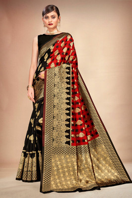 Lilots Self Design Banarasi Silk Blend Saree(Red, Black)
