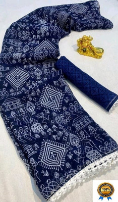 DAZLIO Printed Bollywood Georgette Saree(Dark Blue)