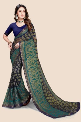 PinkEVE Printed Bollywood Chiffon, Brasso Saree(Dark Blue)