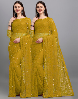 LOROFY Self Design Bollywood Net Saree(Pack of 2, Green)