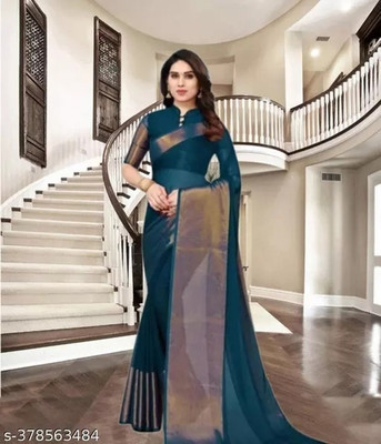 Vragi Solid/Plain Bollywood Chiffon Saree(Blue)