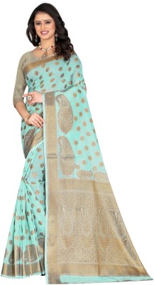 SWDHRM Self Design, Printed, Striped, Embroidered, Woven, Floral Print Banarasi Jacquard, Cotton Silk Saree(Light Blue)