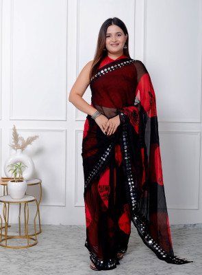 HouseOfCommon Printed Bandhani Chiffon Saree(Black)