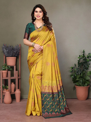 ROOP SUNDARI SAREES Woven Banarasi Jacquard Saree(Mustard, Dark Green)