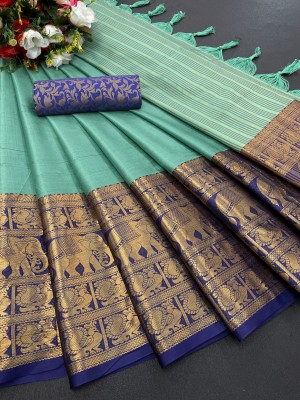 MAHADEV ENTERPRISE Woven Banarasi Cotton Linen, Silk Blend Saree(Blue)