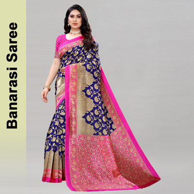 Saara Printed Banarasi Cotton Silk Saree with Unstitched Blouse(Dark Blue, Pink)