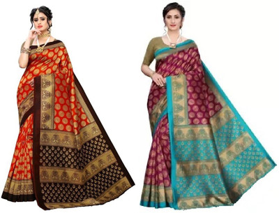 Kanooda Prints Printed Kanjivaram Art Silk Saree(Pack of 2, Multicolor)