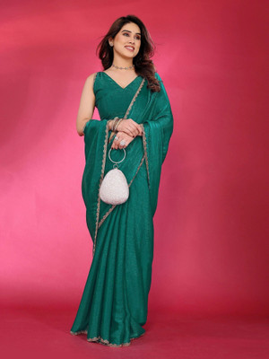 ROOP SUNDARI SAREES Embellished Bollywood Tissue, Silk Blend Saree(Dark Green)