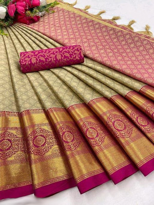 KanjiQueen Woven Kanjivaram Silk Blend, Cotton Silk Saree(Beige, Pink)