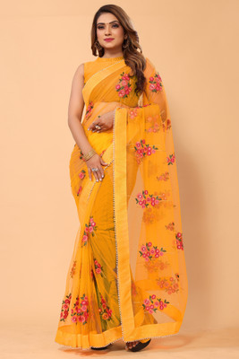 WEDDING VILLAGE Embroidered Bollywood Net Saree(Yellow)