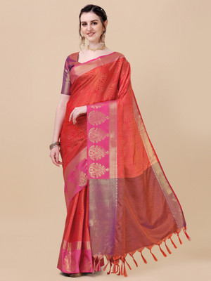 Sangria Embroidered Saree with Attached Blouse Silk Blend Saree(Pink)