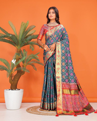 LAVYANSH CREATION Printed, Self Design Patola Silk Blend Saree(Blue, Pink)