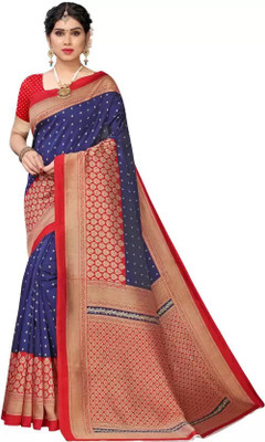 MAHADEV NX Printed Ikkat Art Silk Saree(Dark Blue, Red)