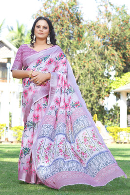 HouseOfCommon Floral Print Bollywood Cotton Linen Saree(Pink)