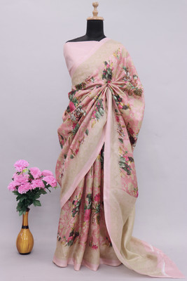 Kjs Floral Print Bollywood Cotton Blend Saree(Multicolor)