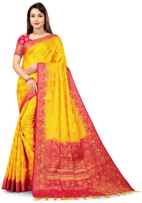 ALAKH FASHION Woven, Self Design, Temple Border Banarasi Jacquard Saree(Pink, Yellow)