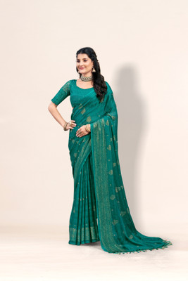 Sanskriti Synthetics Striped Handloom Chiffon Saree(Dark Green)