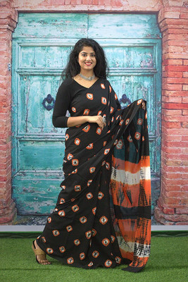 Jaipuri Print Printed Daily Wear Pure Cotton Saree(Black)