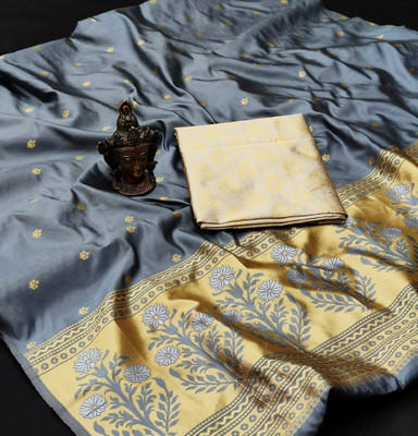PARAMPARA CREATION Woven Kanjivaram Pure Silk Saree(Grey)