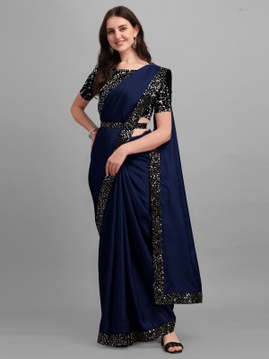 Parmila Fashion Embellished Bollywood Silk Blend Saree(Dark Blue)