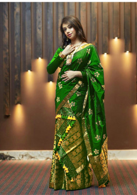 GRUJHA Self Design Mekhela Chador Silk Blend Saree(Light Green)