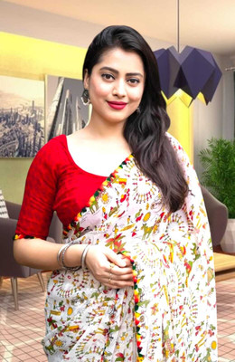 DAZLIO Printed Kalamkari Georgette Saree(White)