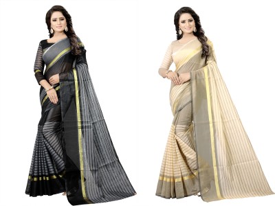 Saadhvi Striped Daily Wear Cotton Silk Saree(Pack of 2, Black, Beige)